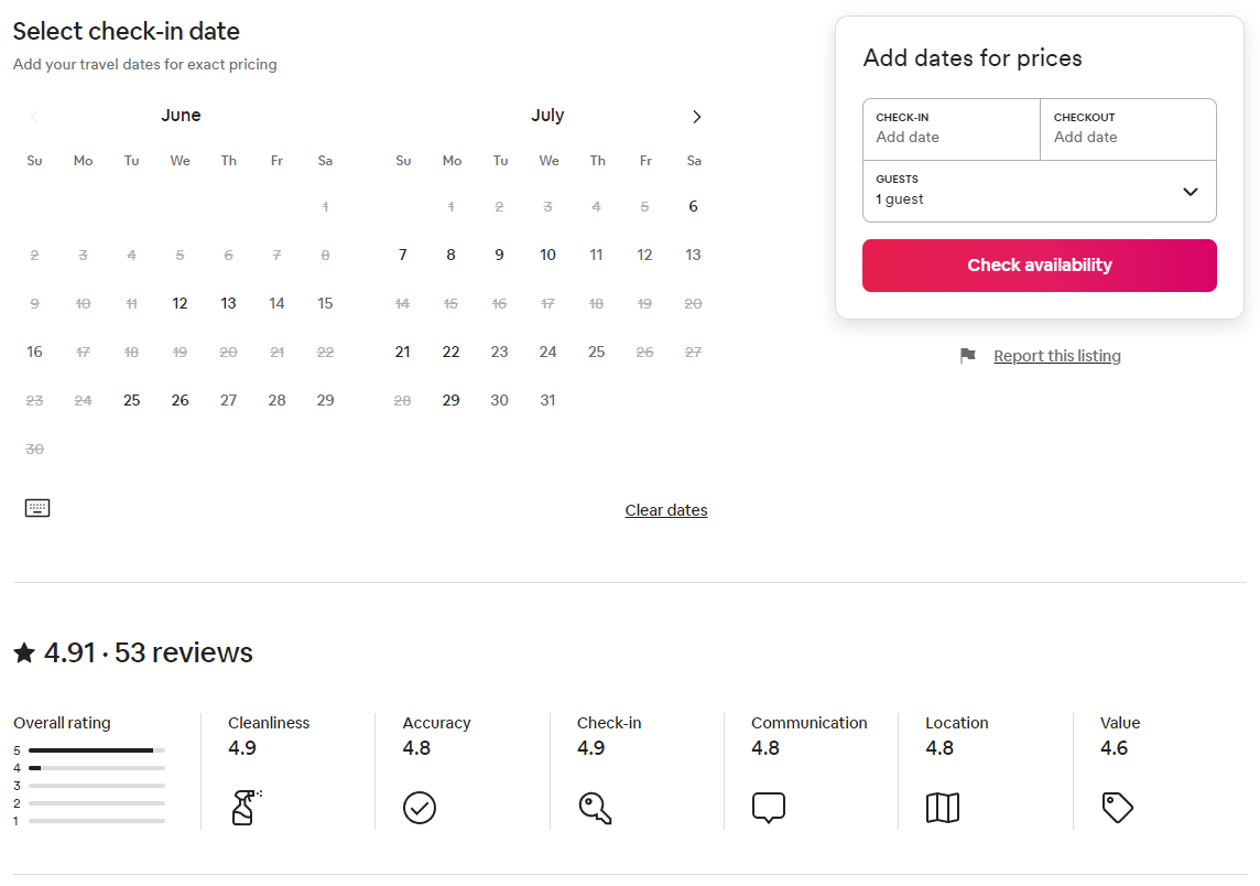 A screenshot from an AirBnB listing showing how to book rental dates.